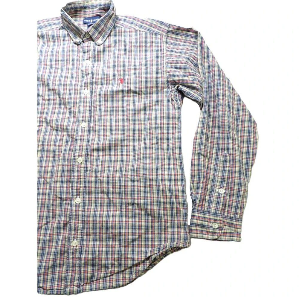Ralph Lauren Boys Large 16/18 Plaid Button Down Shirt Madras OCBD Cotton LS Pony